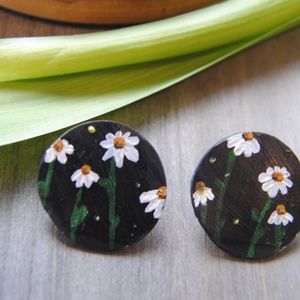 Large Circle stud earrings hand painted daisies on polymer clay
